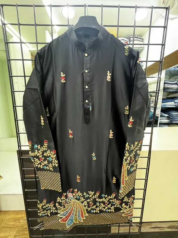 Black_Malai_Silk_Salwar_Kurta_For_Men