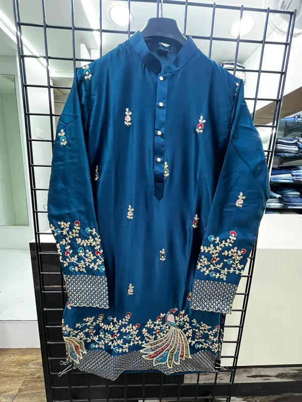 Teal_Blue_Malai_Silk_Salwar_Kurta_For_Men