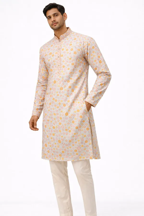 Mens_Orange_Floral_Printed_Cotton_Silk_Kurta