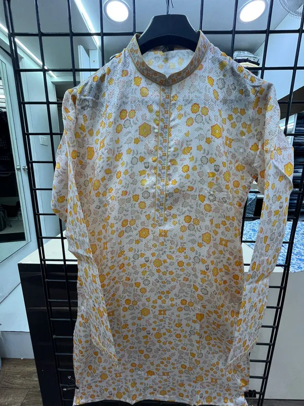 Mens_Yellow_Floral_Printed_Cotton_Silk_Kurta