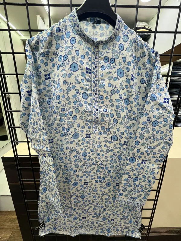 Mens_Blue_Floral_Printed_Cotton_Silk_Kurta