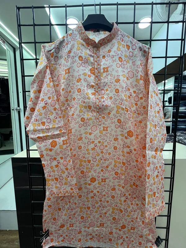 Mens_Orange_Floral_Printed_Cotton_Silk_Kurta