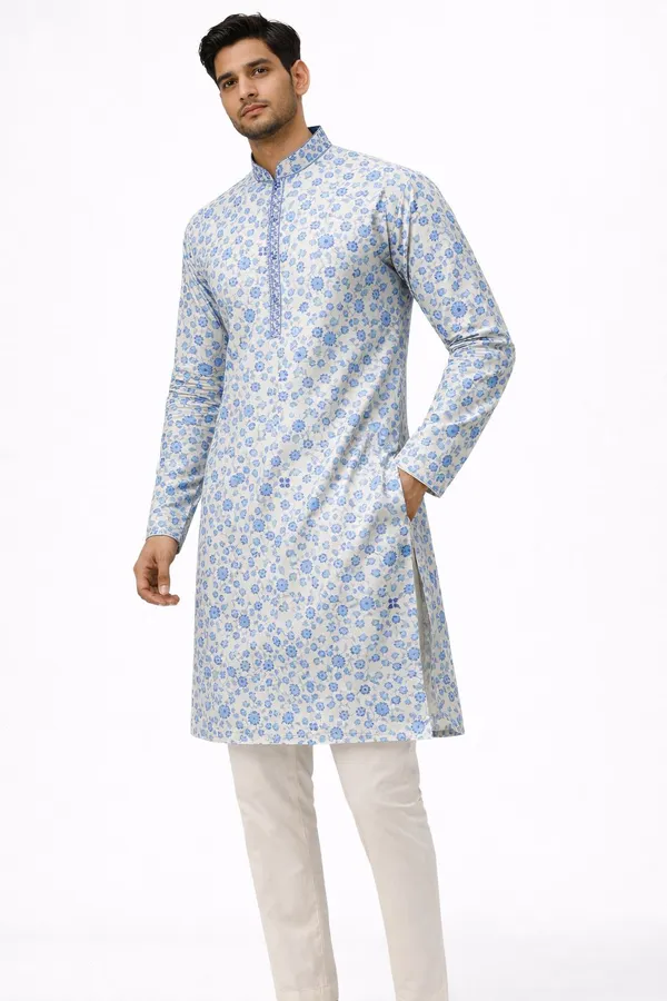 Mens_Blue_Floral_Printed_Cotton_Silk_Kurta