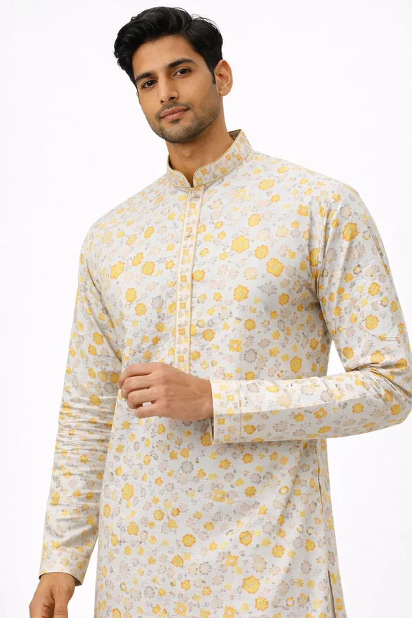 Mens_Yellow_Floral_Printed_Cotton_Silk_Kurta