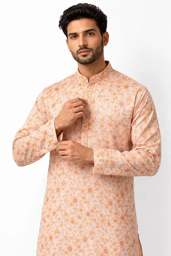 Mens_Orange_Floral_Printed_Cotton_Silk_Kurta