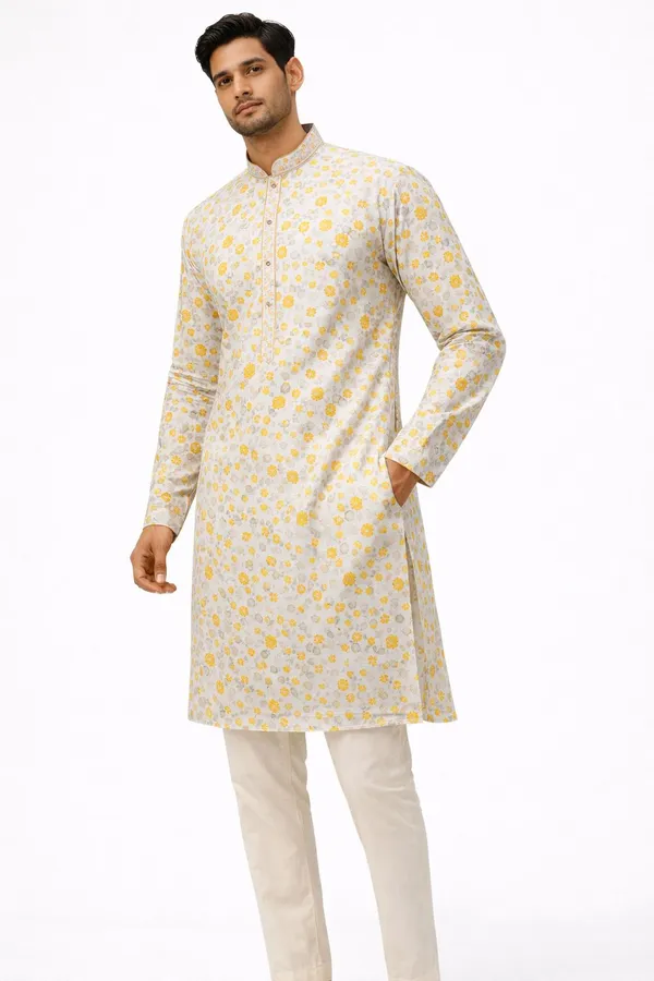 Mens_Yellow_Floral_Printed_Cotton_Silk_Kurta