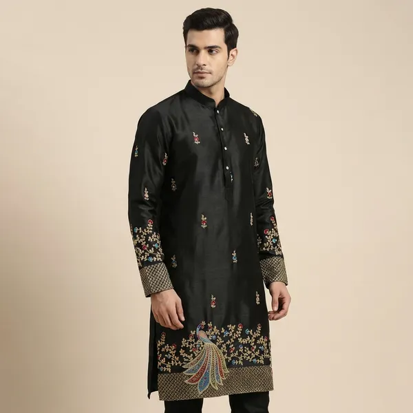 Black_Malai_Silk_Salwar_Kurta_For_Men