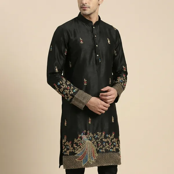 Black_Malai_Silk_Salwar_Kurta_For_Men