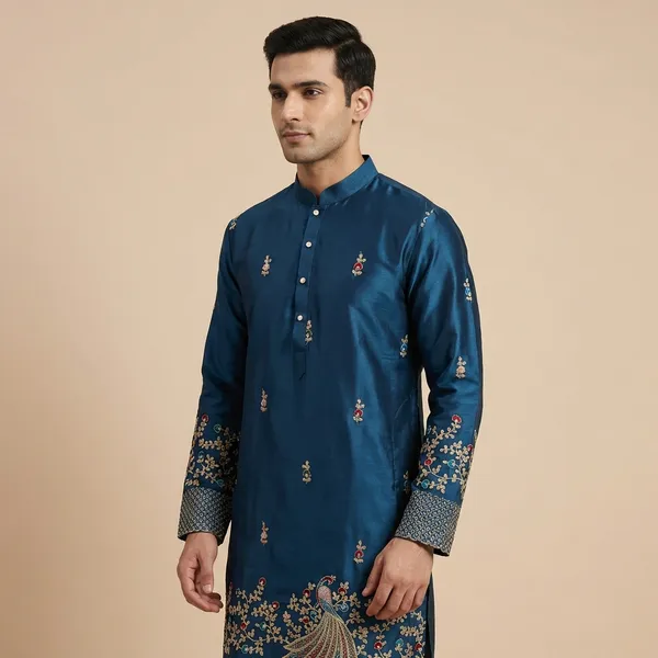 Teal_Blue_Malai_Silk_Salwar_Kurta_For_Men