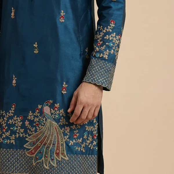 Teal_Blue_Malai_Silk_Salwar_Kurta_For_Men