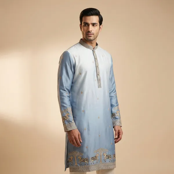 Light_Grey_Silk_Salwar_Kurta_For_Men