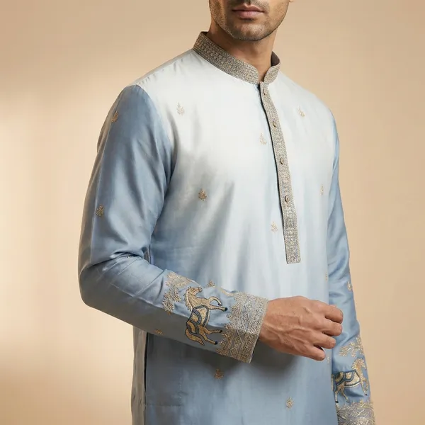 Light_Grey_Silk_Salwar_Kurta_For_Men