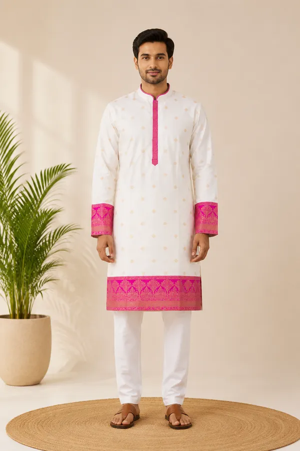 Mens_Off_White_kurta_with_Mangenta_zari_border