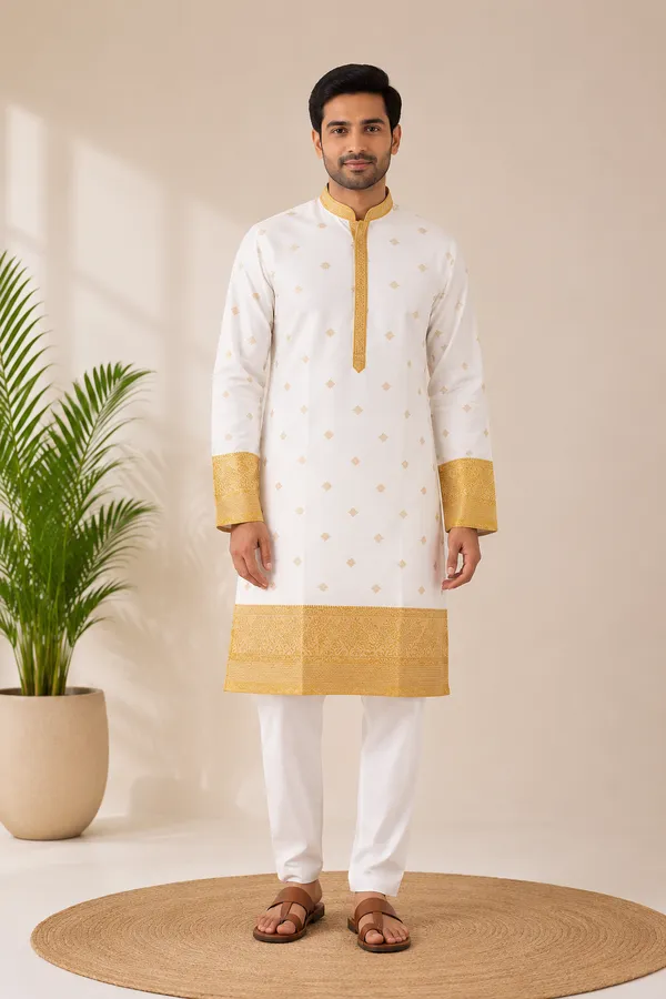 Mens_Off_White_kurta_with_Yellow_zari_border