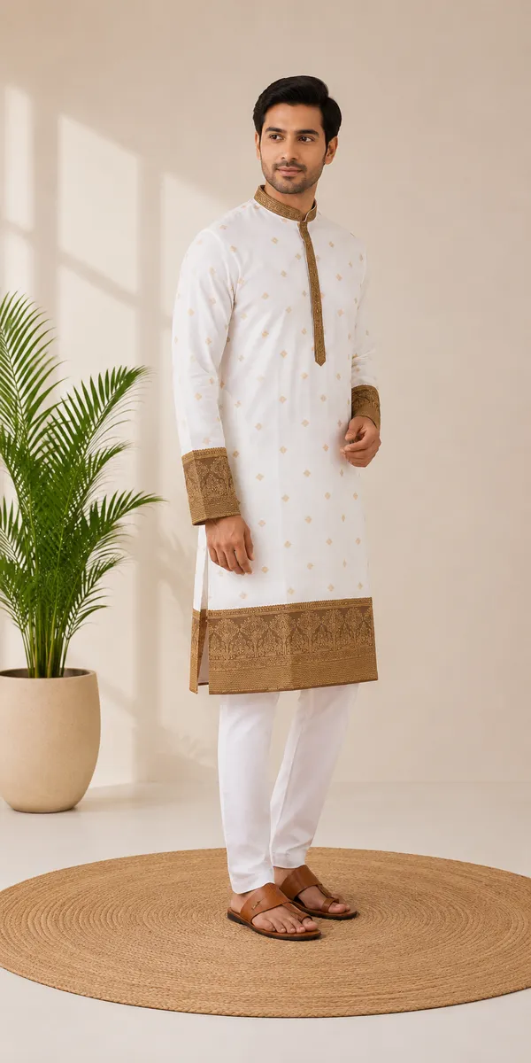 Mens_Off_White_kurta_with_Olive_zari_border