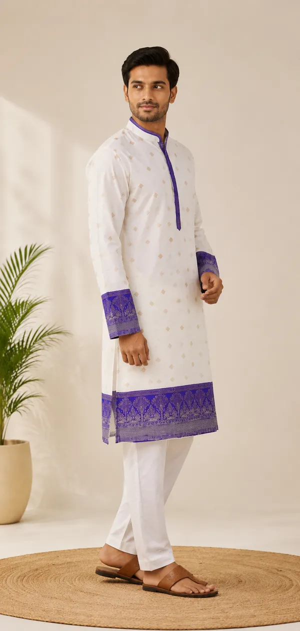 Mens_Off_White_kurta_with_Blue_zari_border