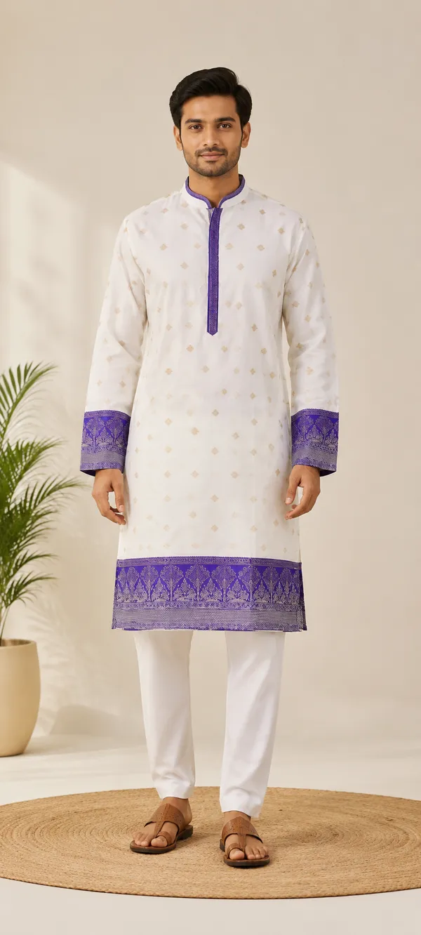 Mens_Off_White_kurta_with_Blue_zari_border