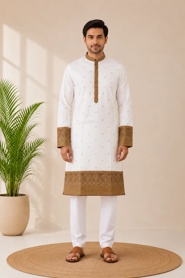 Mens_Off_White_kurta_with_Olive_zari_border