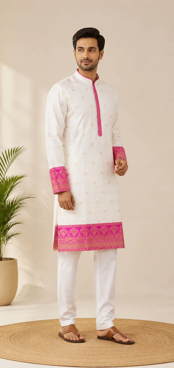 Mens_Off_White_kurta_with_Mangenta_zari_border