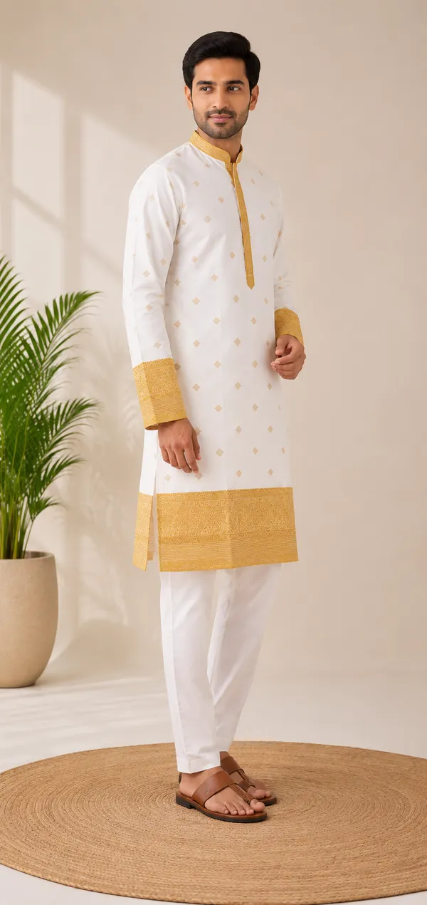 Mens_Off_White_kurta_with_Yellow_zari_border