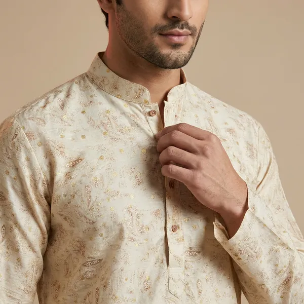 Off_White_And_Brown_Silk_Salwar_Kurta_For_Men
