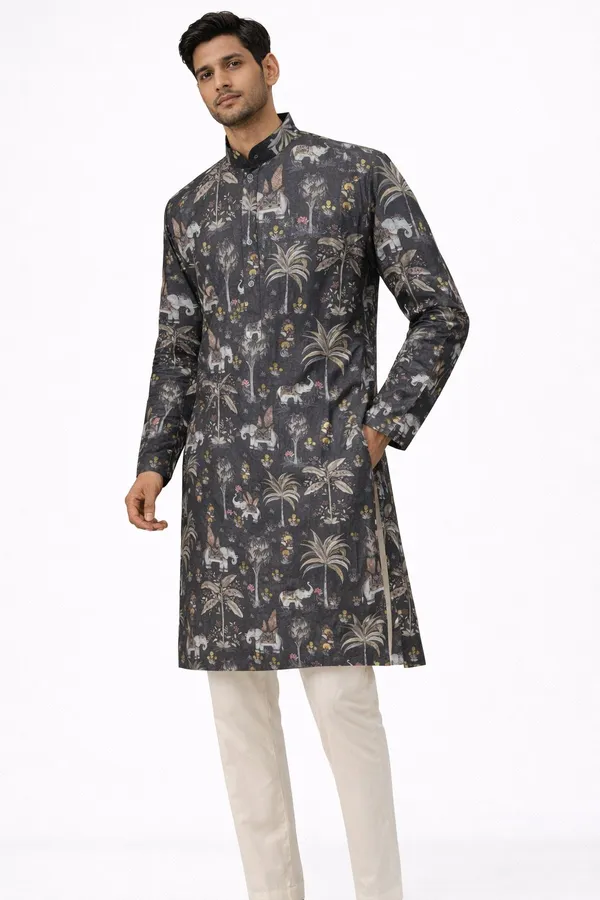 Mens_Grey__Printed_Silk_Kurta_