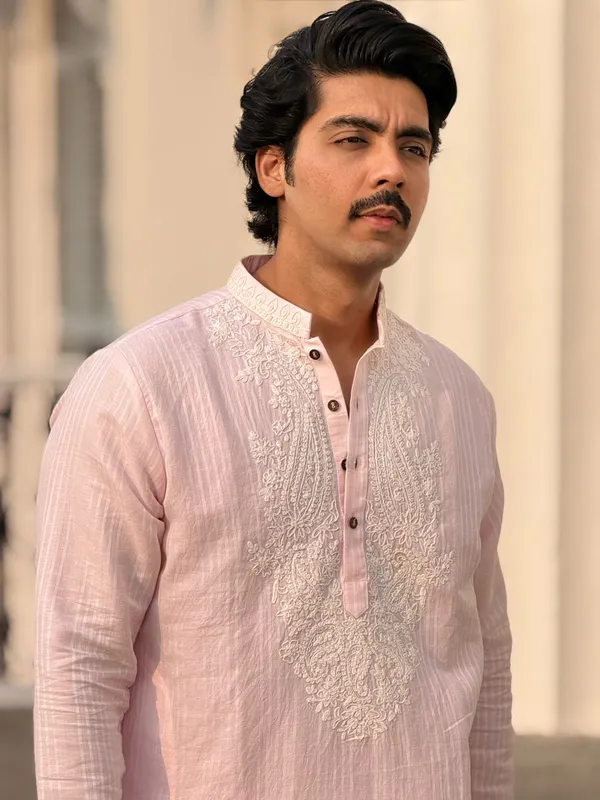Light_Pink_Linen_Stripe_Neck_Embroidery_Kashmiri_Work_Kurta_Set