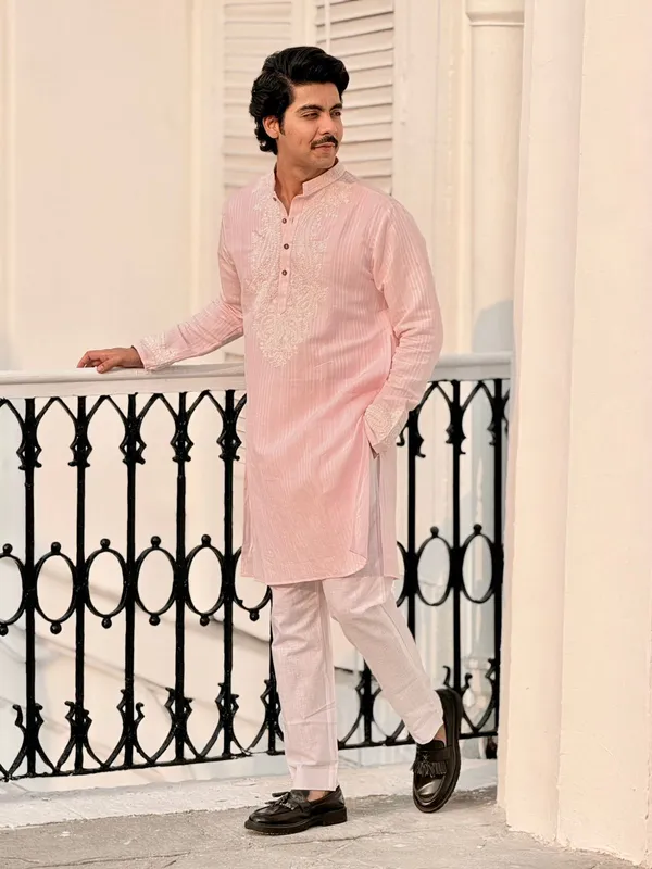 Light_Pink_Linen_Stripe_Neck_Embroidery_Kashmiri_Work_Kurta_Set