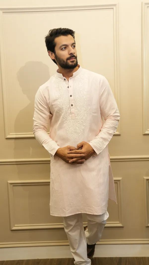 Light_Pink_Linen_Stripe_Neck_Embroidery_Kashmiri_Work_Kurta_Set
