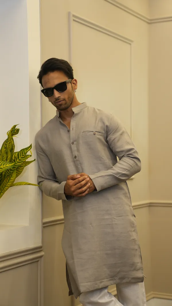 LIGHT_GRAY_LINEN_SINGLE_POCKET_SIMPLE_&_ELEGENT_KURTA_SET
