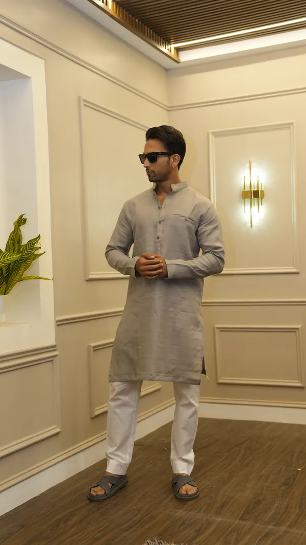 LIGHT_GRAY_LINEN_SINGLE_POCKET_SIMPLE_&_ELEGENT_KURTA_SET