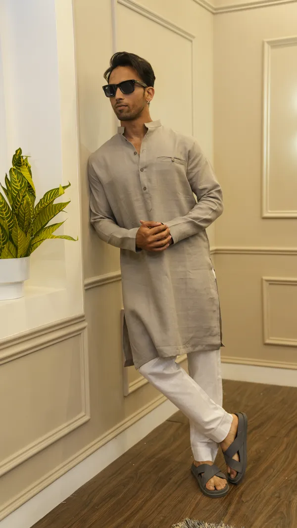 LIGHT_GRAY_LINEN_SINGLE_POCKET_SIMPLE_&_ELEGENT_KURTA_SET
