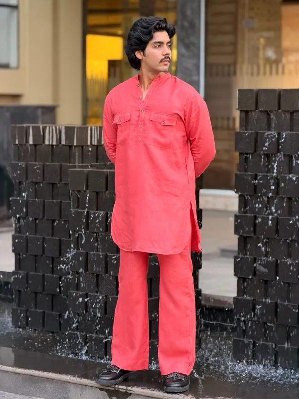 Coral_Pink_Linen_Kurta_Set_With_Bootcut_Pant_Simple_&_Elegant_100%_Linen