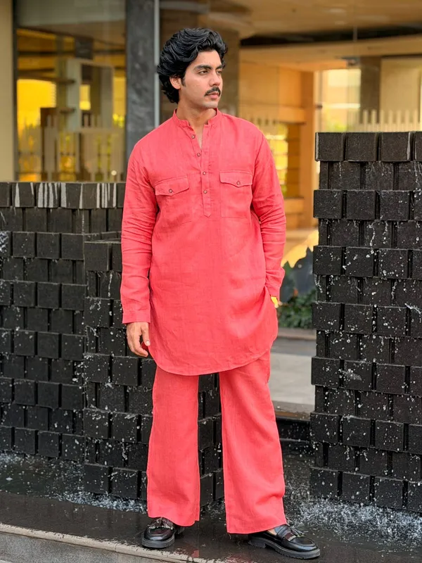 Coral_Pink_Linen_Kurta_Set_With_Bootcut_Pant_Simple_&_Elegant_100%_Linen