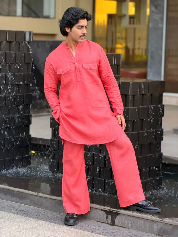 Coral_Pink_Linen_Kurta_Set_With_Bootcut_Pant_Simple_&_Elegant_100%_Linen