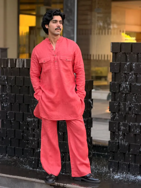 Coral_Pink_Linen_Kurta_Set_With_Bootcut_Pant_Simple_&_Elegant_100%_Linen