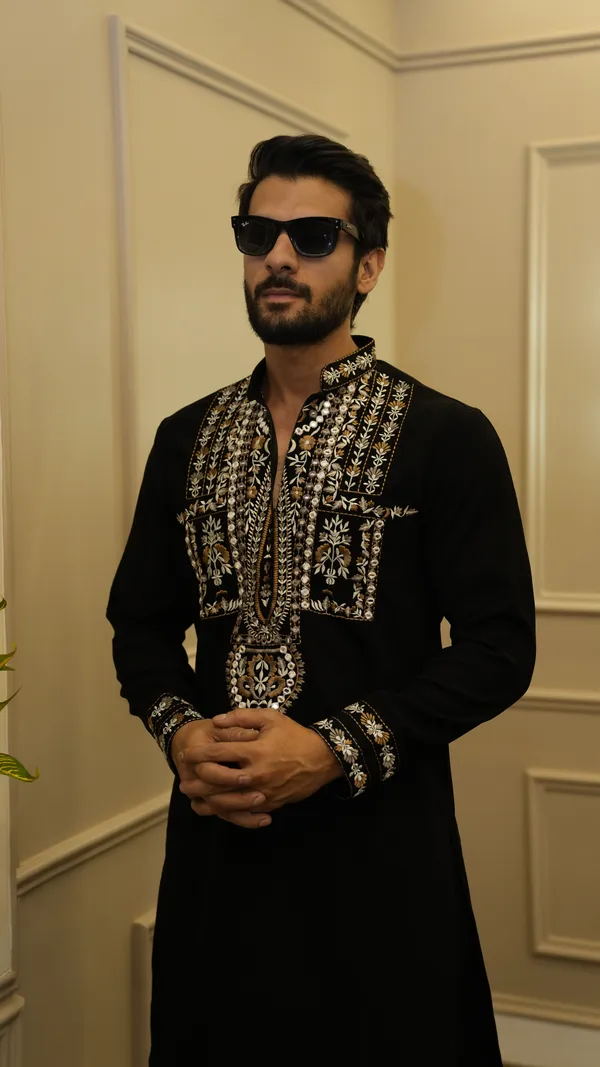 BLACK_ARMANI_PRIMIUM__HEAVY_EMBROIDERY_MIROR_WORK_KURTA_SET