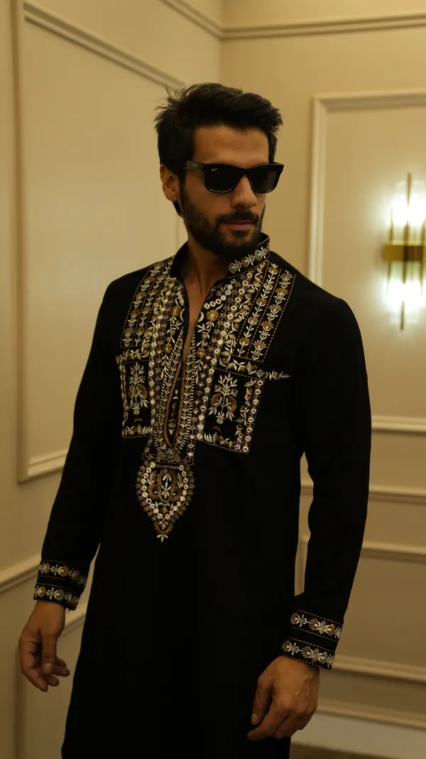 BLACK_ARMANI_PRIMIUM__HEAVY_EMBROIDERY_MIROR_WORK_KURTA_SET