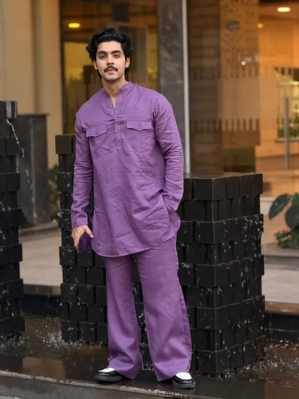 Purple__Linen_Kurta_Set_With_Bootcut_Pant_Simple_&_Elegant_100%_Linen