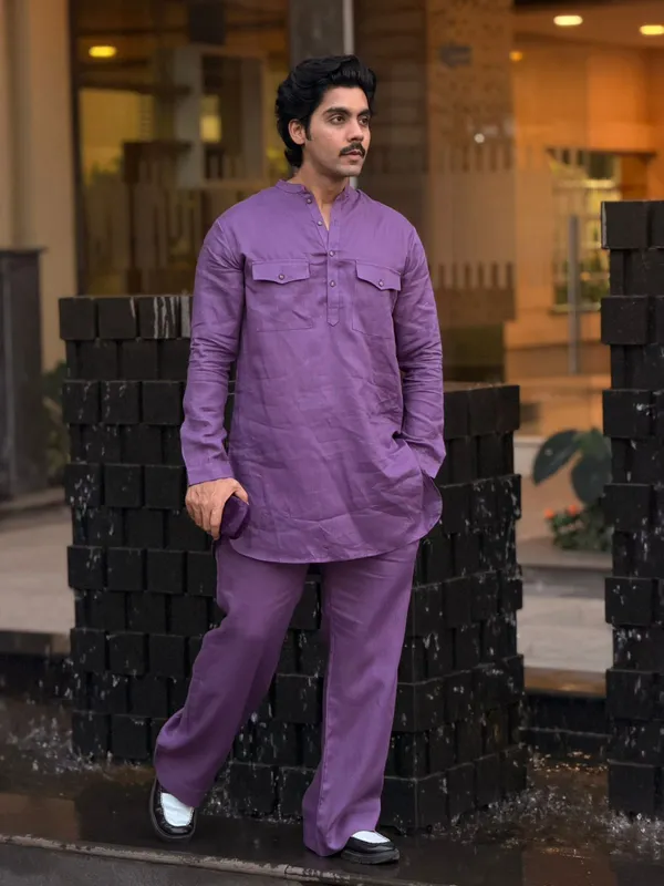 Purple__Linen_Kurta_Set_With_Bootcut_Pant_Simple_&_Elegant_100%_Linen