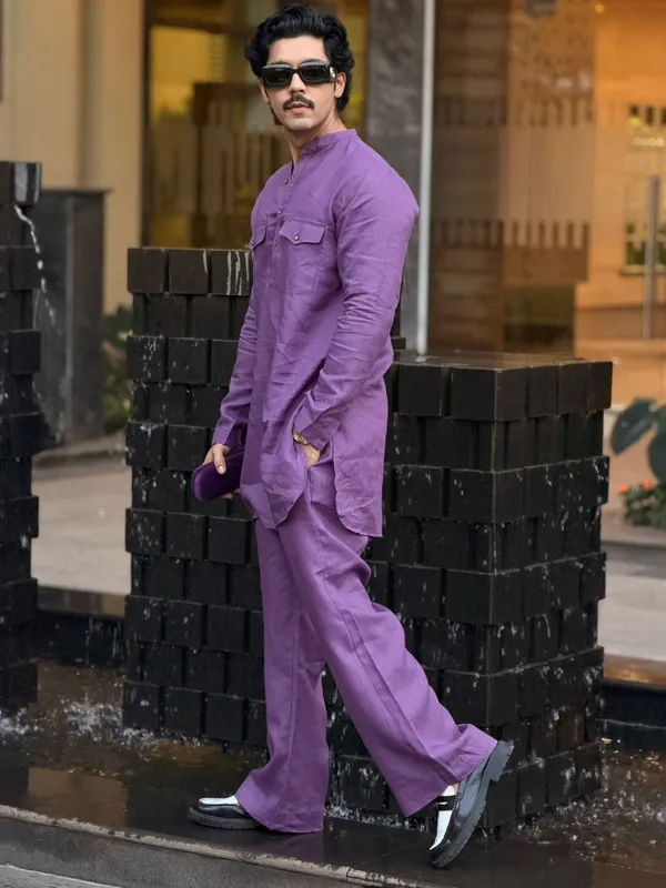 Purple__Linen_Kurta_Set_With_Bootcut_Pant_Simple_&_Elegant_100%_Linen