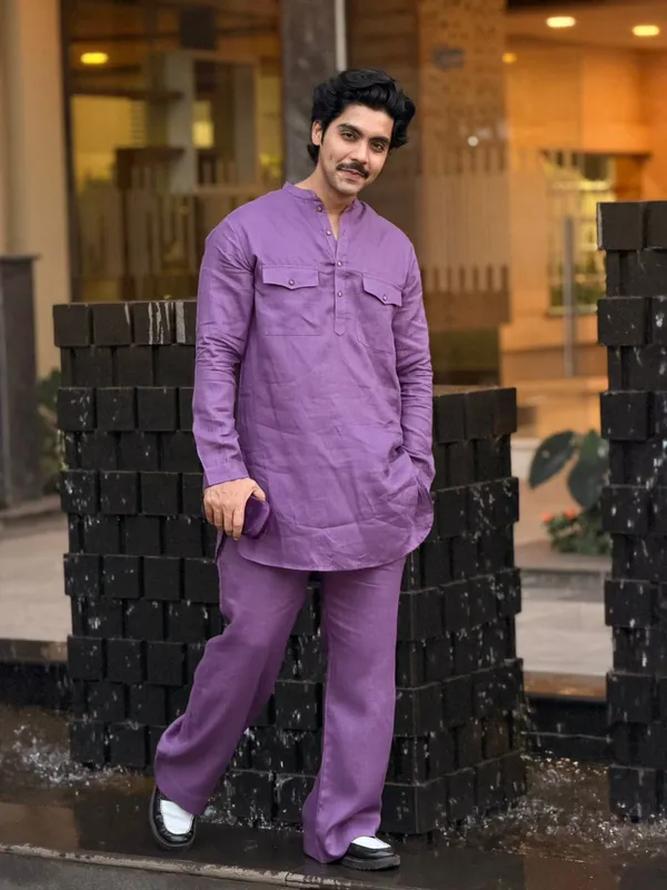 Purple__Linen_Kurta_Set_With_Bootcut_Pant_Simple_&_Elegant_100%_Linen