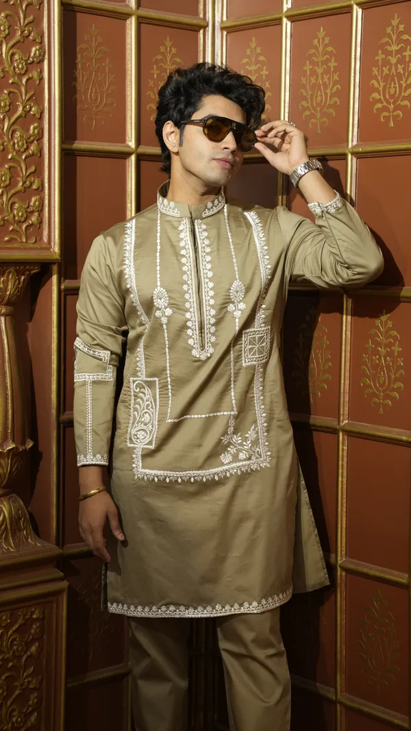 GOLDEN_COTTON_SATINE_STRETCH_WITH_WHITE__EMBROIDERY_WORK_KURTA_SET