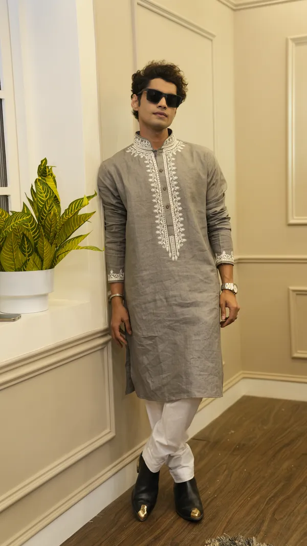 Dark_Gray_Linen_Neck_Embroidery_Work_Kurta_Set