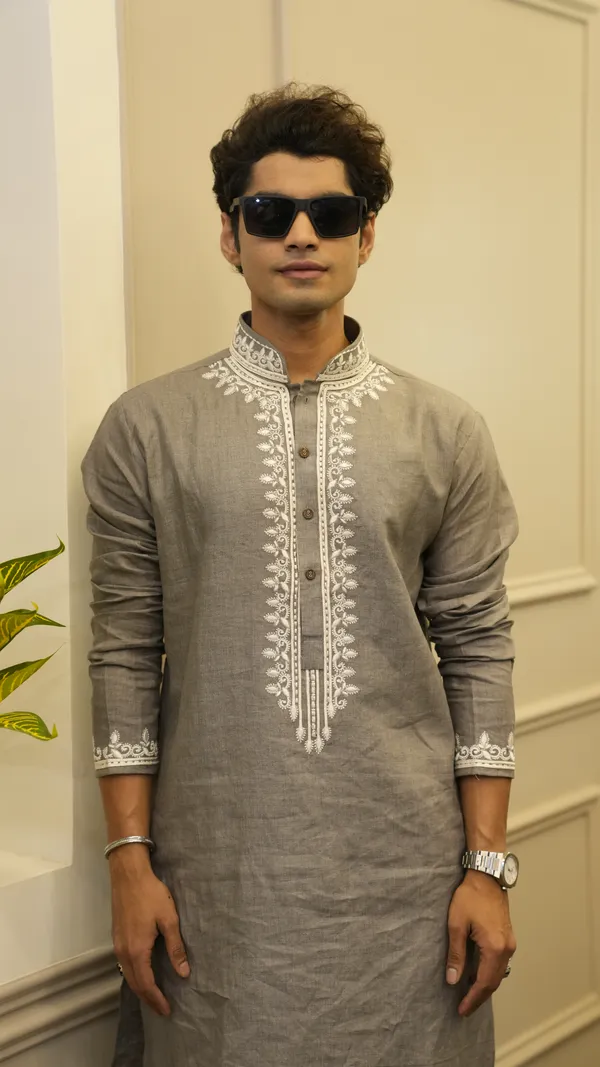 Dark_Gray_Linen_Neck_Embroidery_Work_Kurta_Set