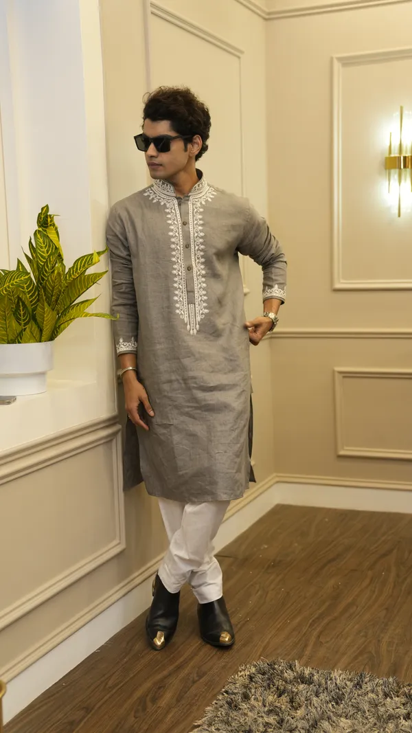 Dark_Gray_Linen_Neck_Embroidery_Work_Kurta_Set