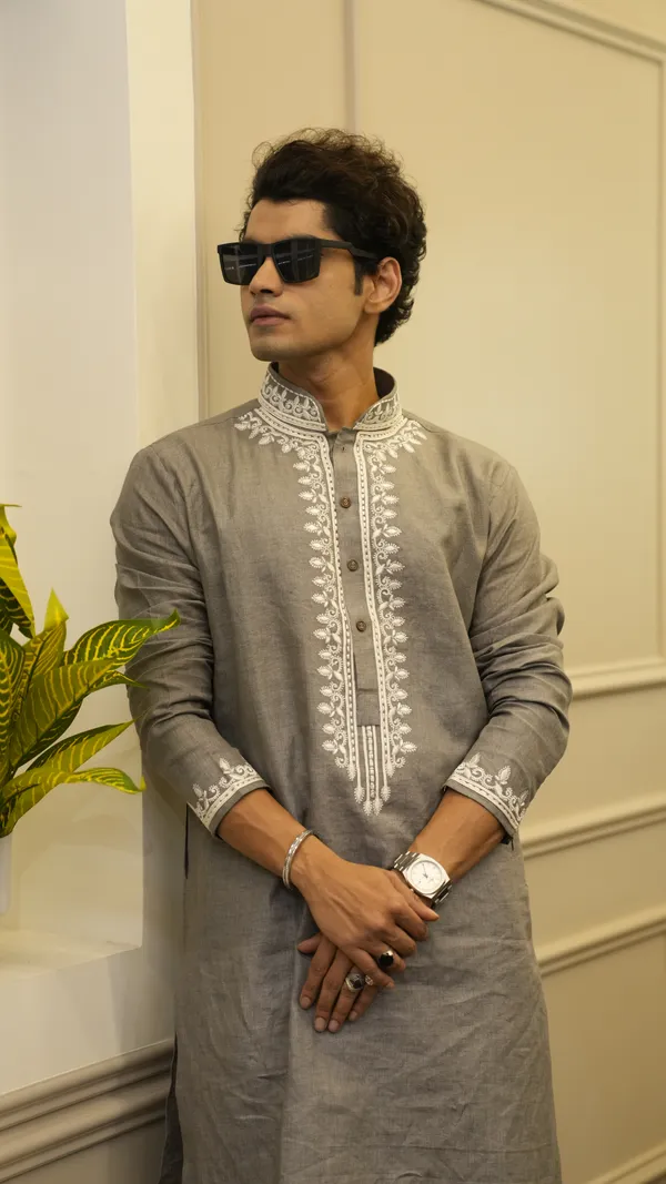Dark_Gray_Linen_Neck_Embroidery_Work_Kurta_Set
