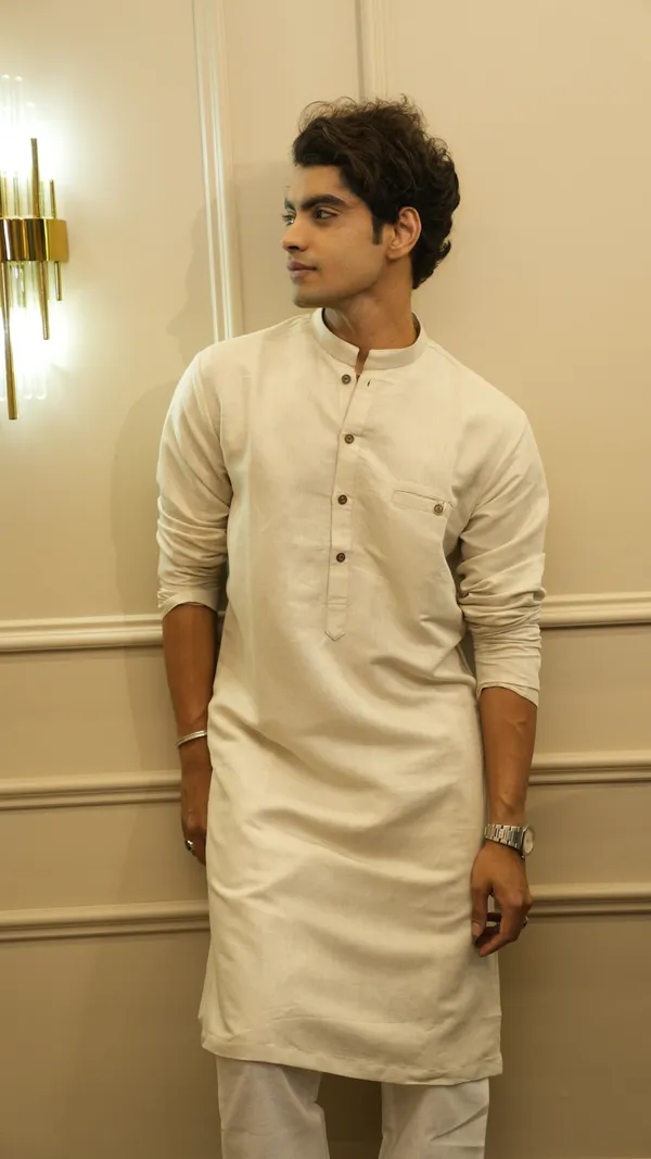 BEIGE_LINEN_SINGLE_POCKET_SIMPLE_&_ELEGENT_KURTA_SET