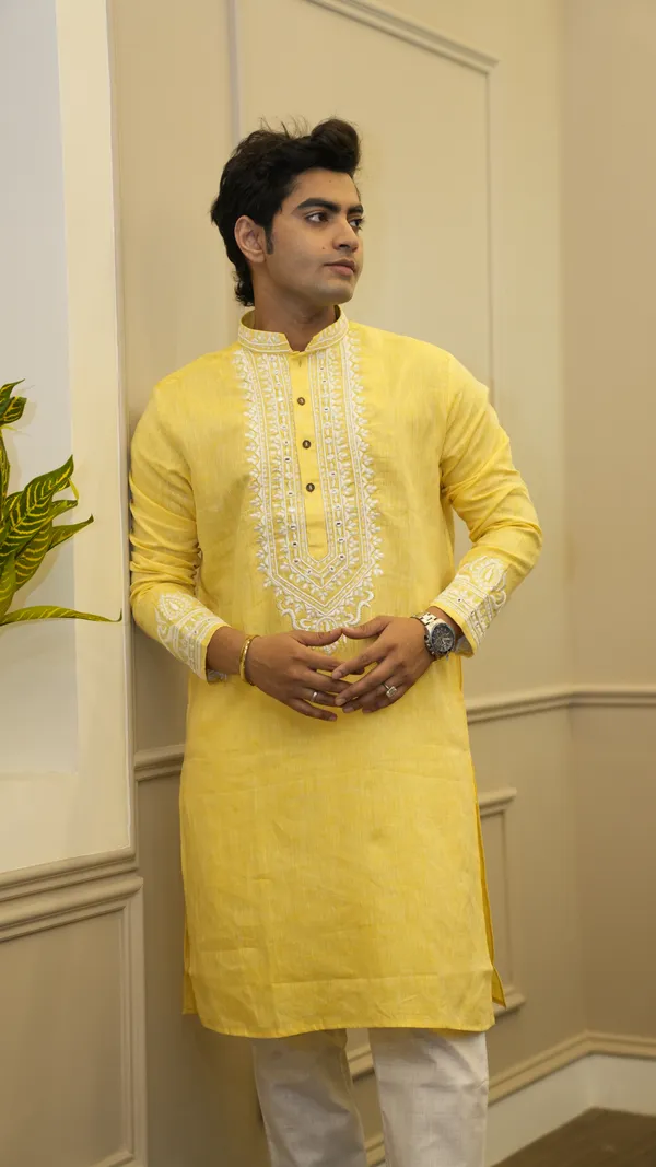 Canary_Yellow_Linen_Neck_Heavy_Embroidery_With_Miror_Work_Kurta_Set
