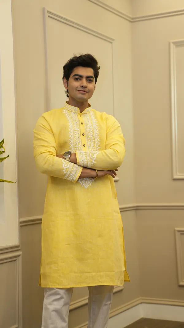 Canary_Yellow_Linen_Neck_Heavy_Embroidery_With_Miror_Work_Kurta_Set
